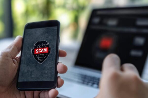 Digital risk alert text Scam as cautionary message cyber fraud phishing internet deception focusing on growing threats of online crime and need for security awareness technological protection