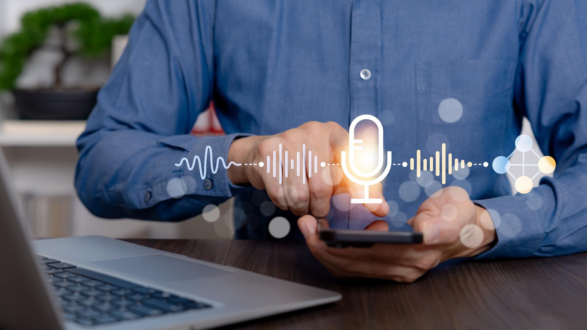 Man Using Voice Control on Smartphone for AI Assistant