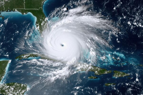 A powerful hurricane approaches the southeastern coast of the United States over the Gulf of Mexico