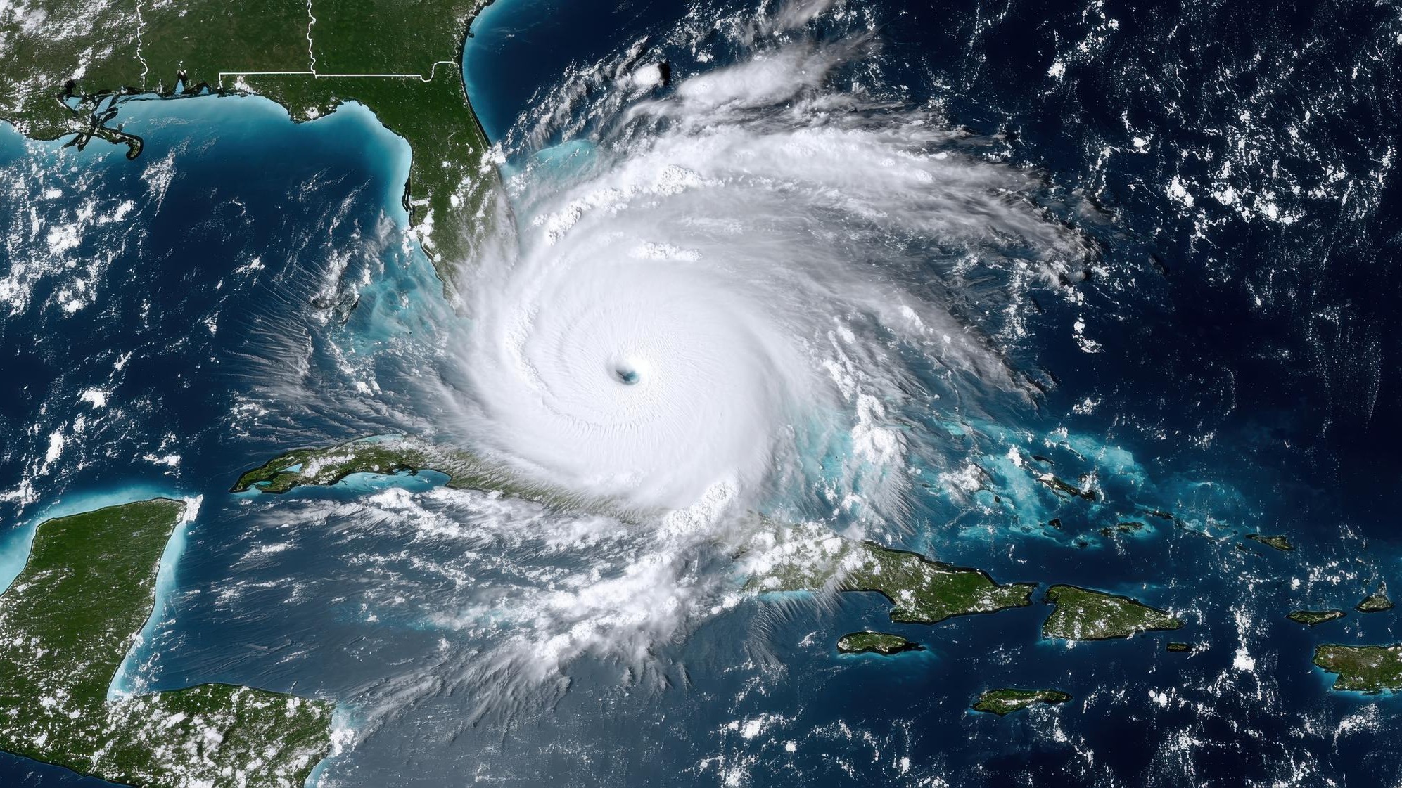 A powerful hurricane approaches the southeastern coast of the United States over the Gulf of Mexico