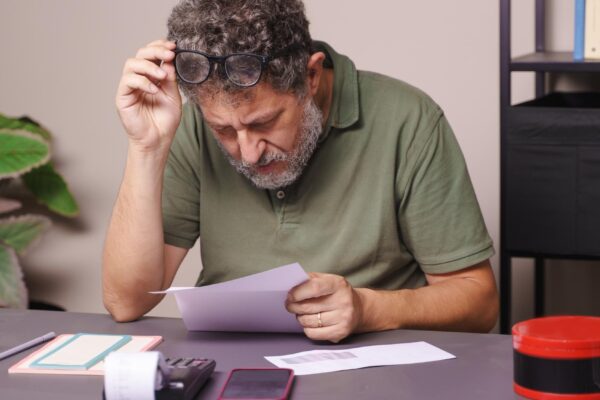 A fifty-year-old man with myopia lifts his glasses to closely read a letter