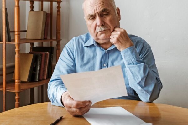 Thoughtful old man reading a paper document