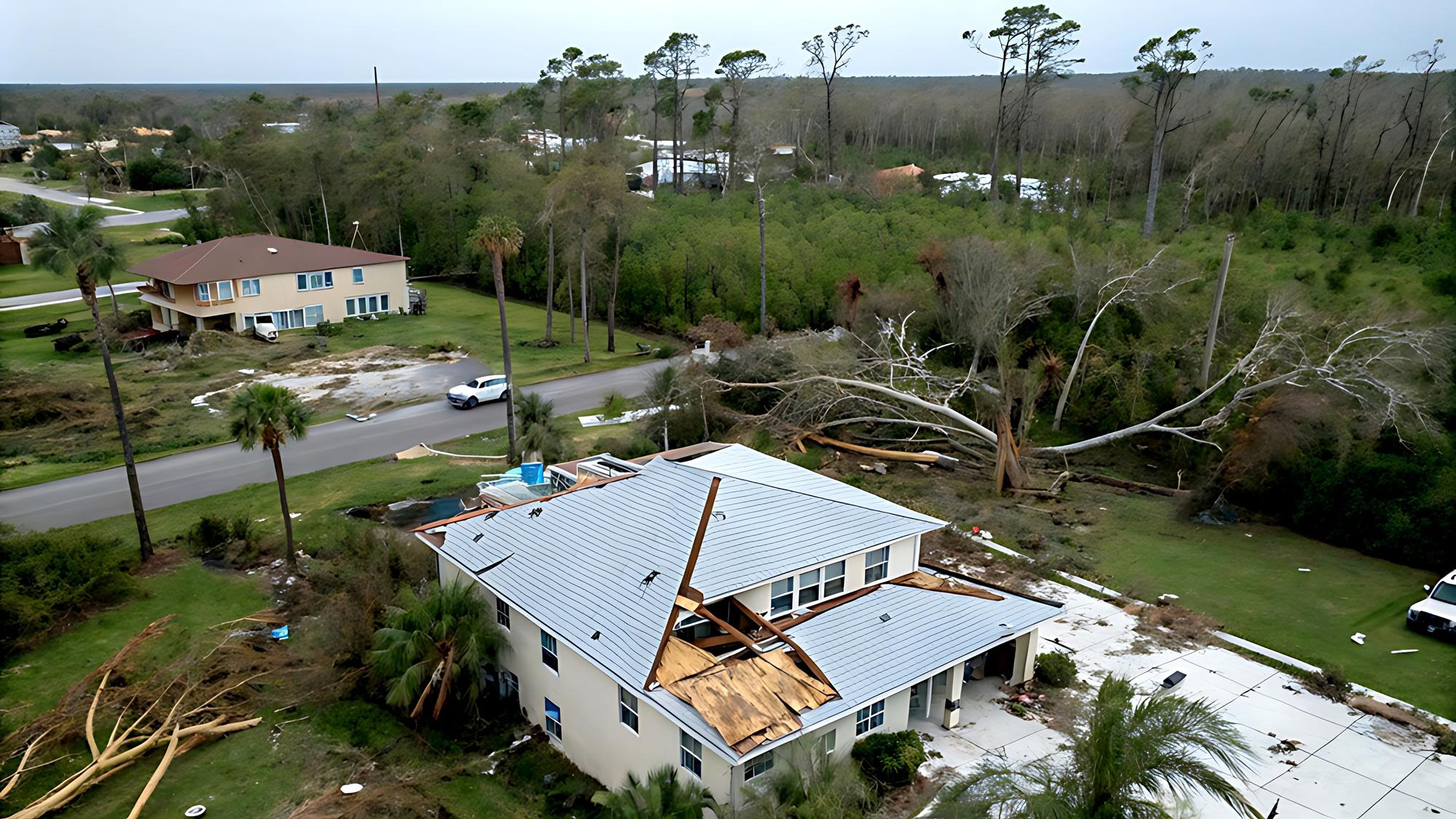 Aerial view of destroyed house roof and walls damaged of hurricane in Florida Natural disaster and its consequences