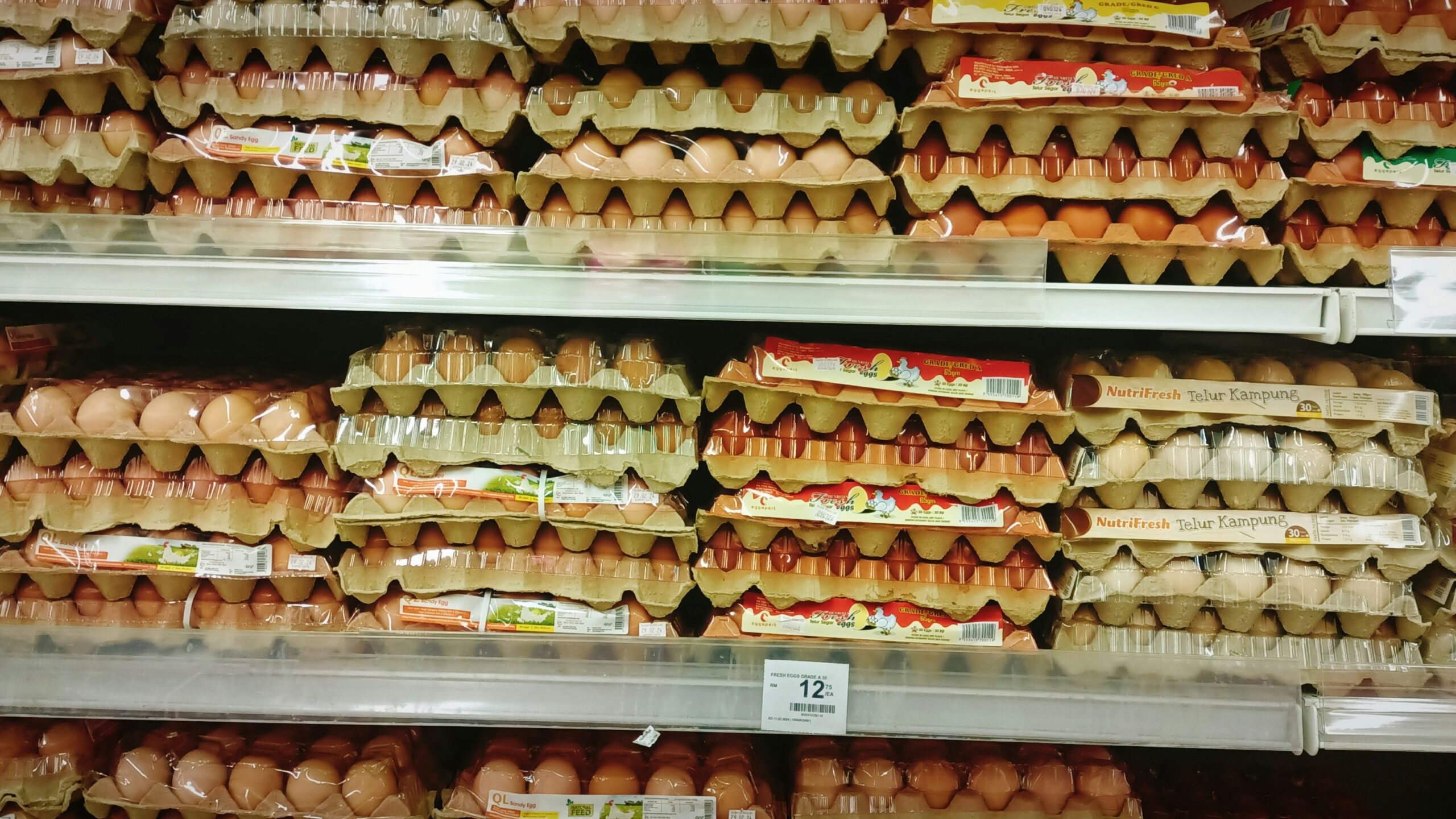 a display in a grocery store filled with lots of eggs