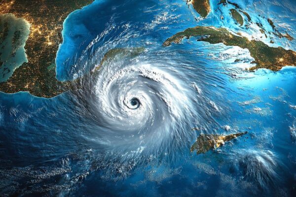 Satellite View of Hurricane Beryl Swirling Over the Caribbean Sea with Wind Patterns and Clouds