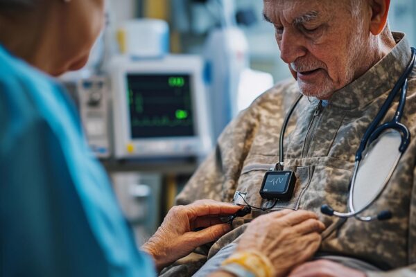 A dedicated healthcare professional assists an elderly veteran with medical equipment while showing