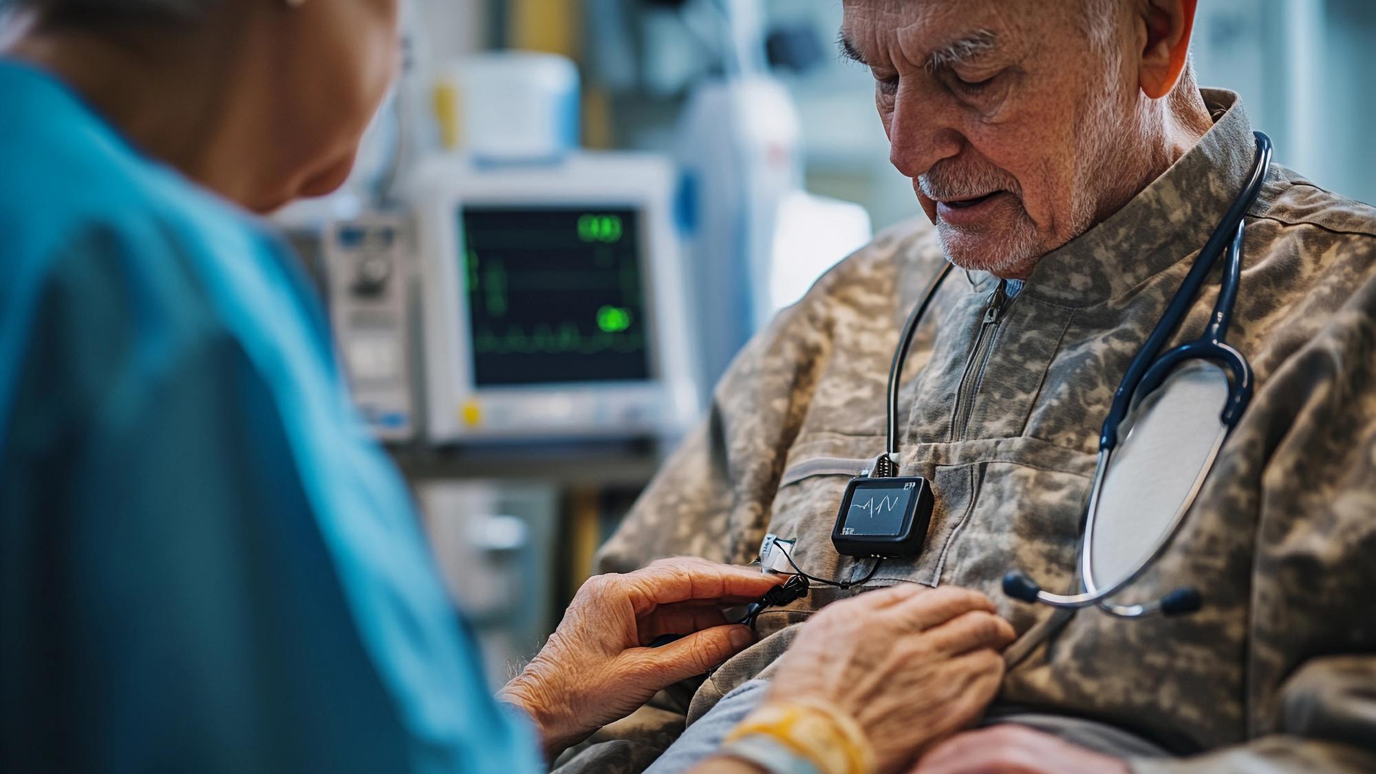 A dedicated healthcare professional assists an elderly veteran with medical equipment while showing