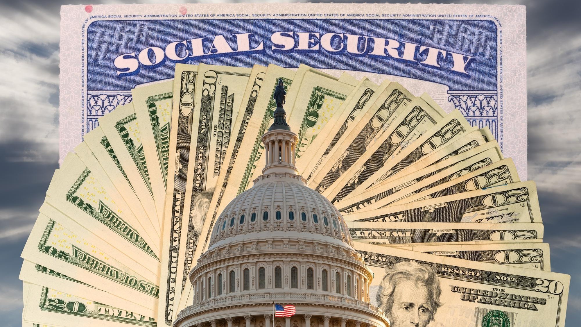 US Congress and Capitol in Washington DC with cash and social security card to illustrate budget problems as a result of coronavirus