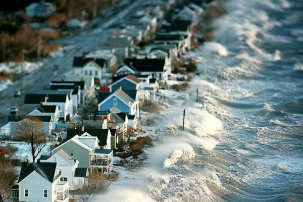 A closeup of a storm surge inundating coastal homes and streets3