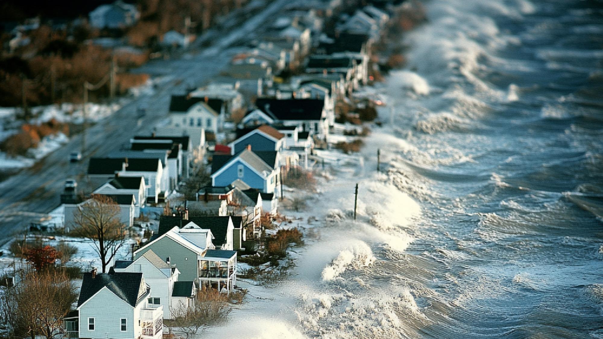 A closeup of a storm surge inundating coastal homes and streets3
