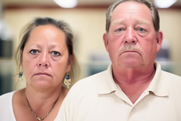 Couple with solemn faces at a pawn shop counter