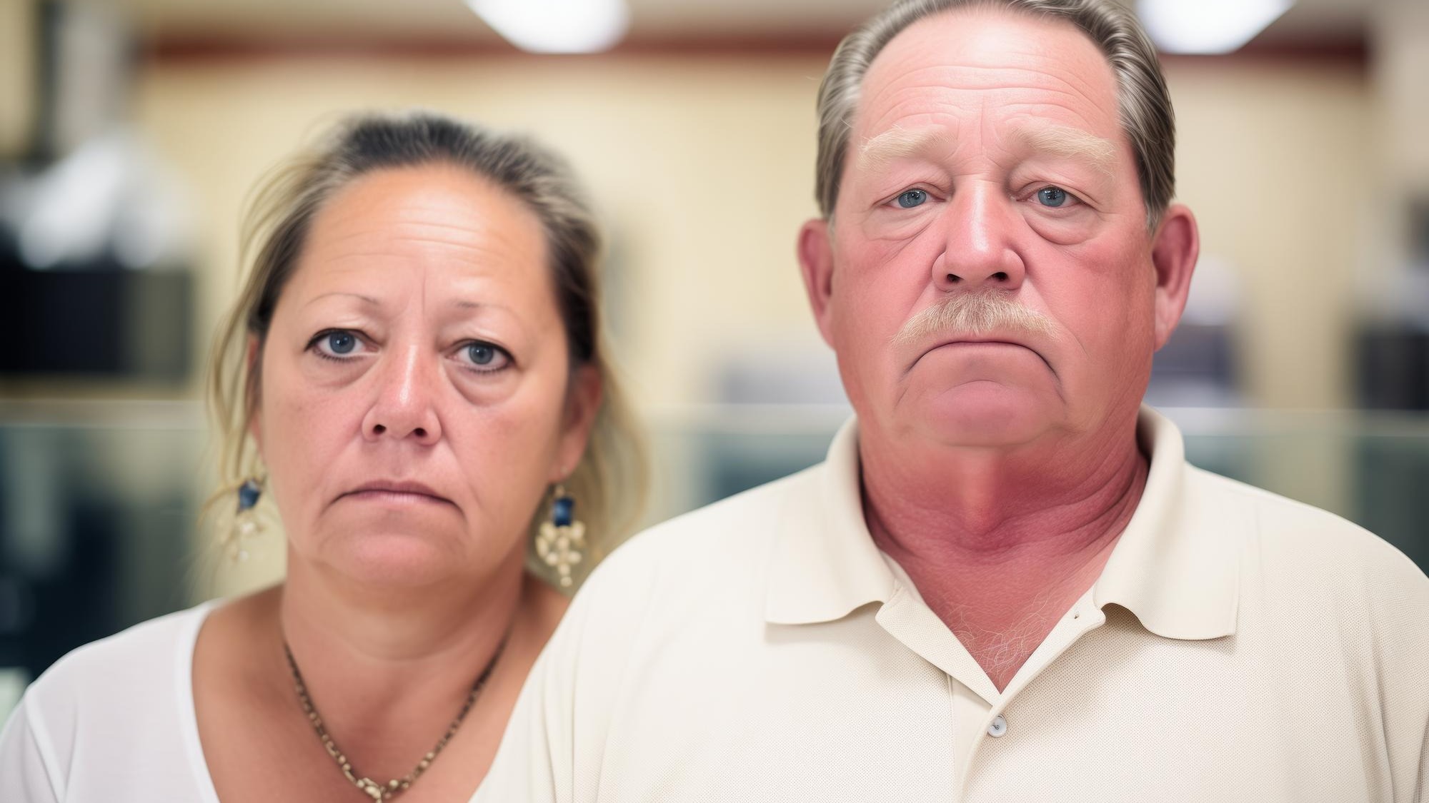 Couple with solemn faces at a pawn shop counter