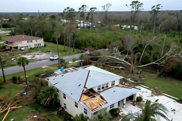 Aerial view of destroyed house roof and walls damaged of hurricane in Florida Natural disaster and its consequences