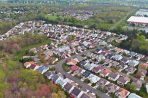 Modern of typical complex small american town buildings on aerial panorama view landscape