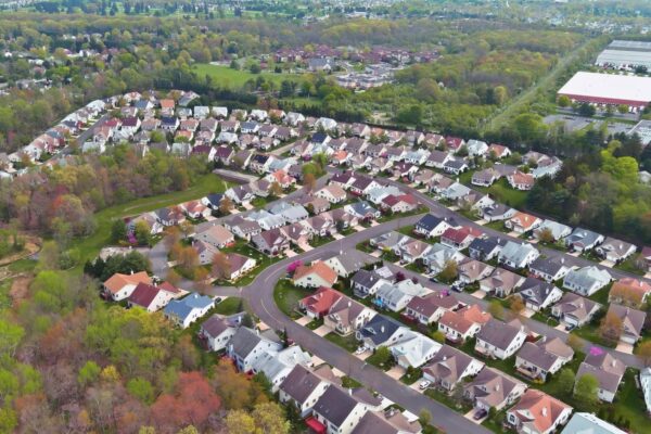 Modern of typical complex small american town buildings on aerial panorama view landscape