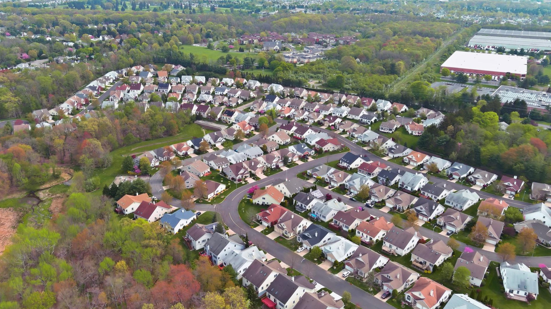 Modern of typical complex small american town buildings on aerial panorama view landscape
