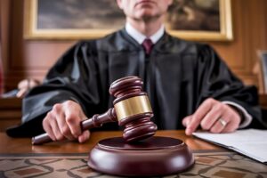 a man is sitting at a desk with a gavel on it