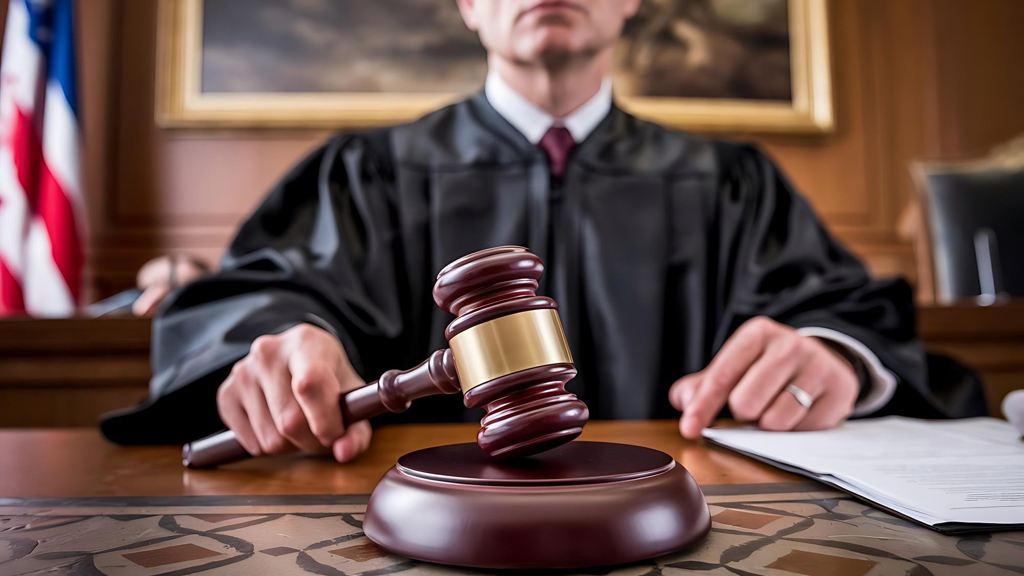 a man is sitting at a desk with a gavel on it