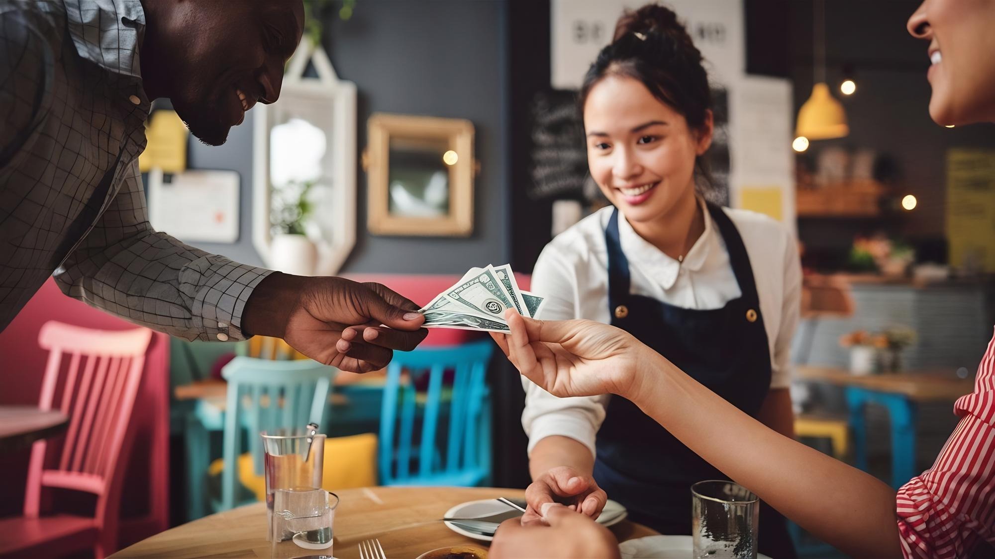Closeup of customer paying to a waitress in a cafe
