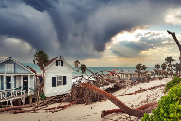 Image of a coastal town hit by a hurricane Show the destruction