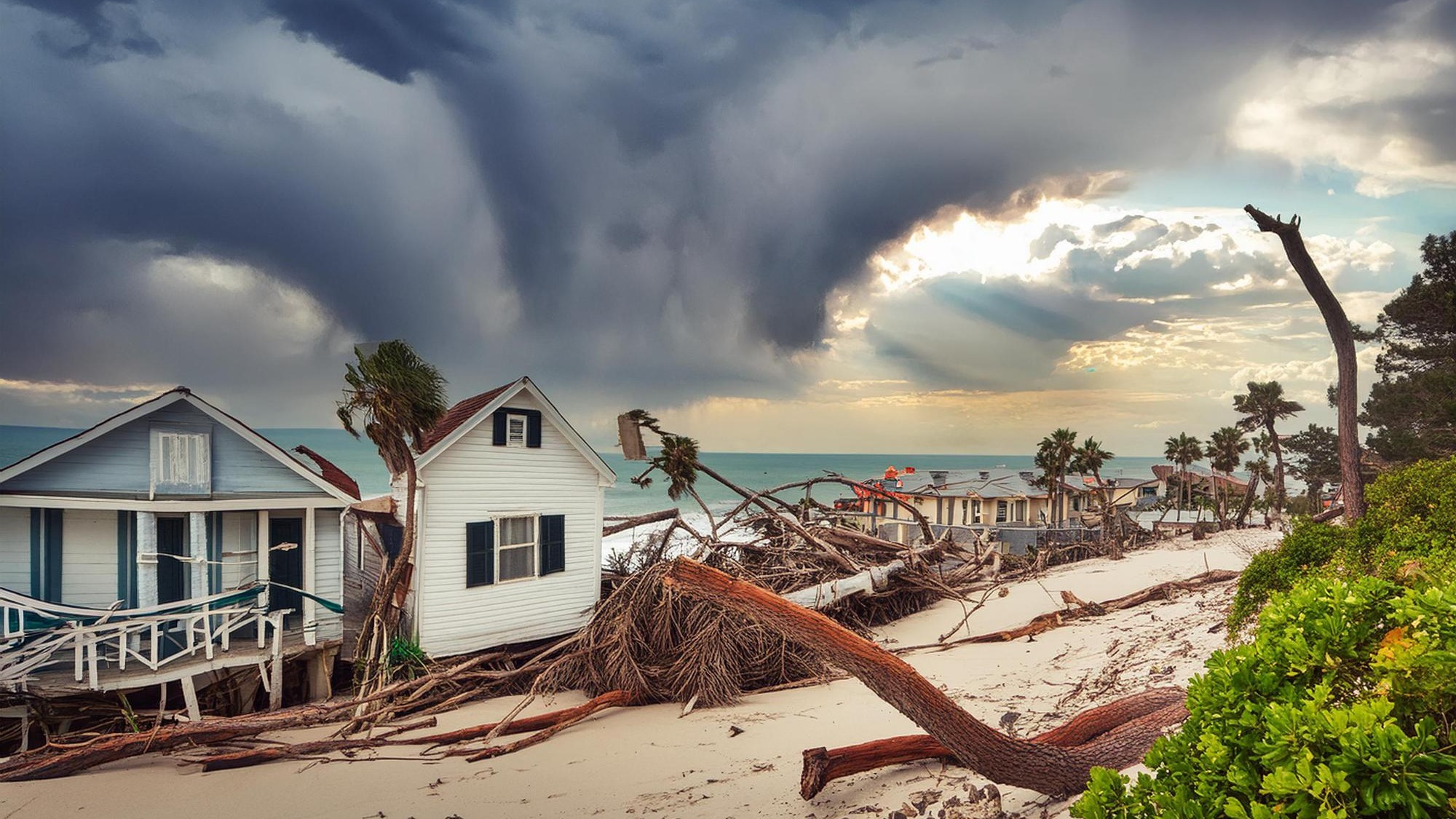 Image of a coastal town hit by a hurricane Show the destruction