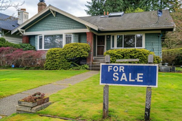 Home for sale with a sign with written FOR SALE in front of a house real estate sales concept