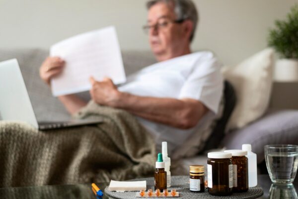 Medium shot blurry ill man on couch