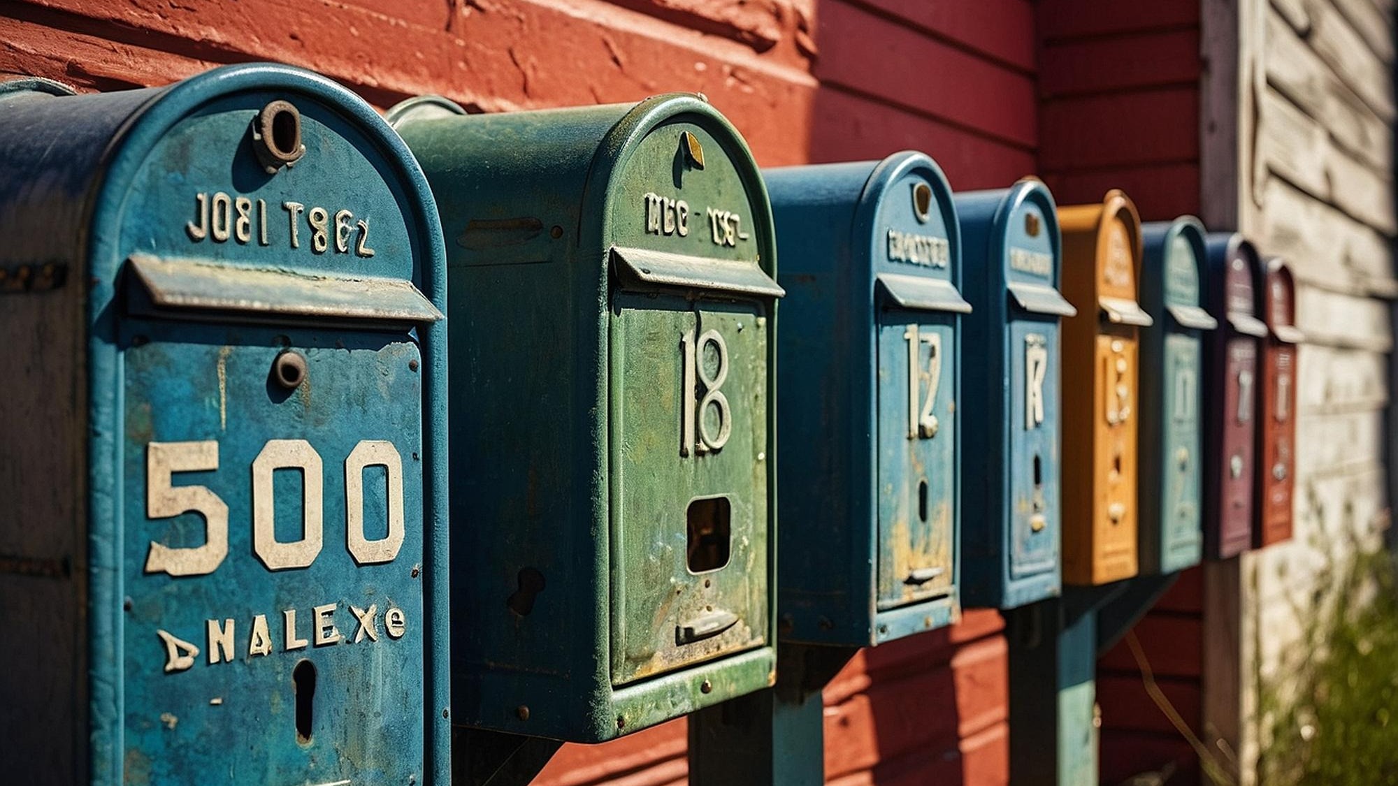 Row of vintage mailboxes with weathered paint