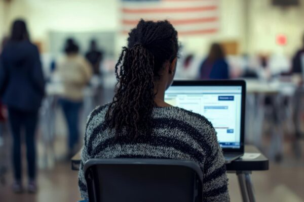 Happy volunteer with laptop to a voter at polling place during US elections