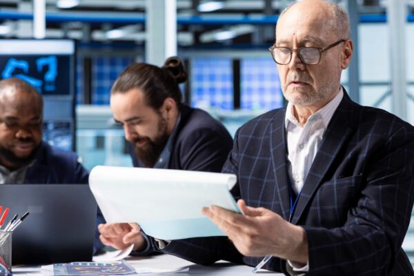 Senior industrial plant shareholder looking at documents analyzing revenue