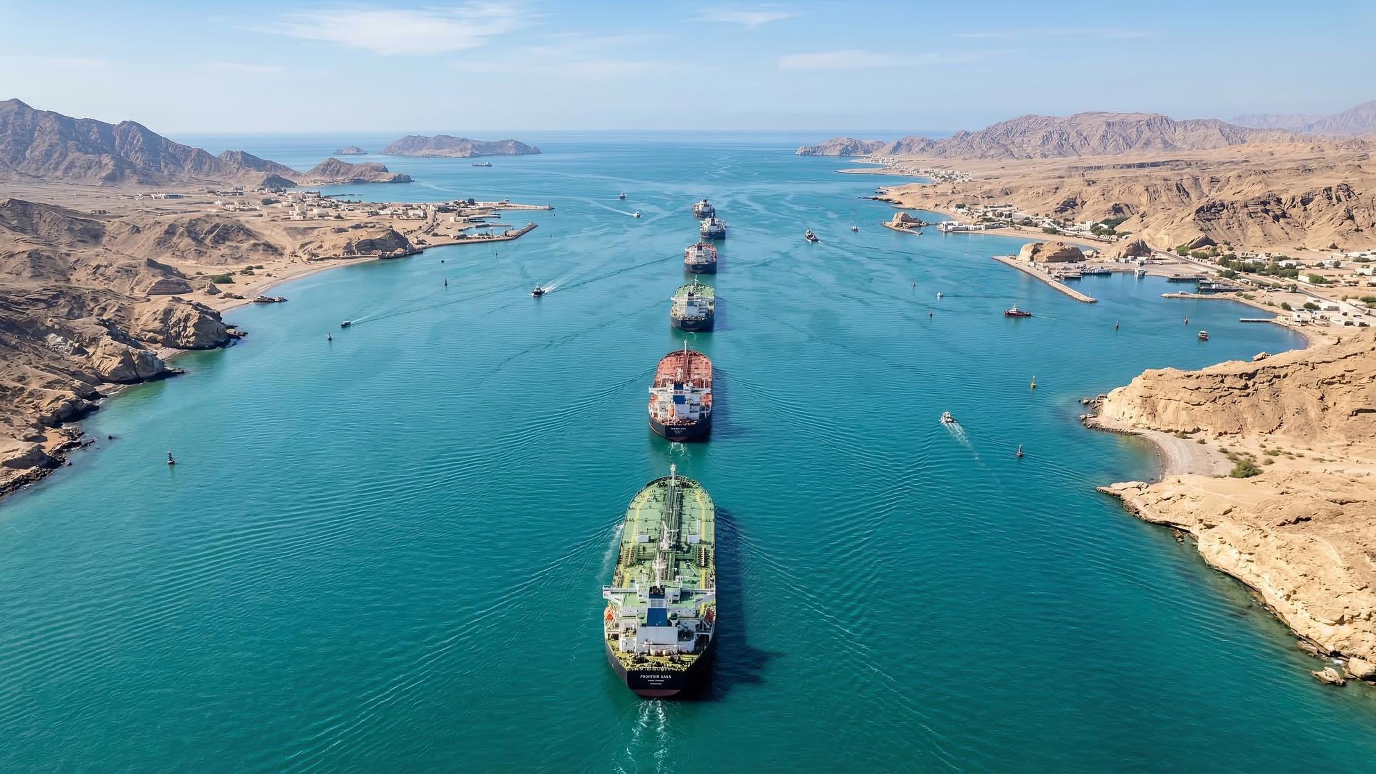 Oil tankers sailing through Strait of Hormuz aerial view