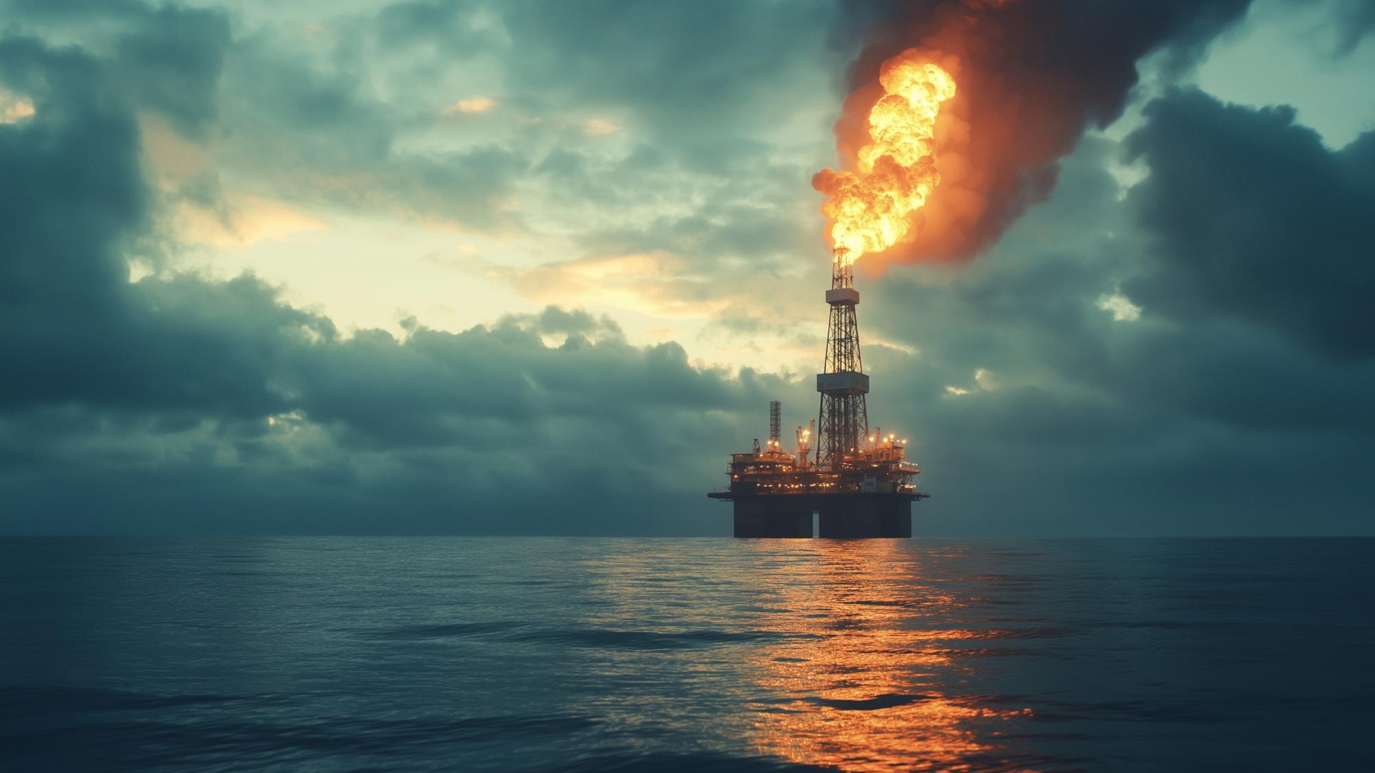 oil rig in the ocean with a large fire in the background