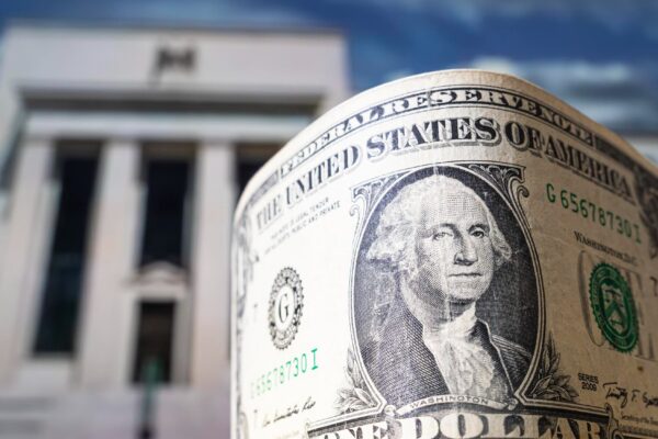 Dollar on the background Federal Reserve Building in Washington DC United States FED