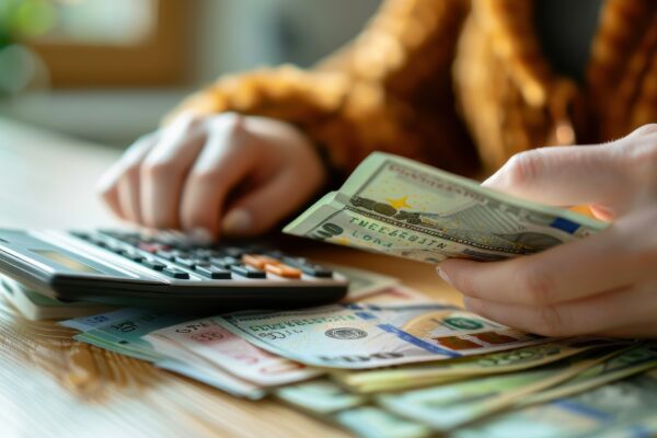 Portrait of woman surrounded by money