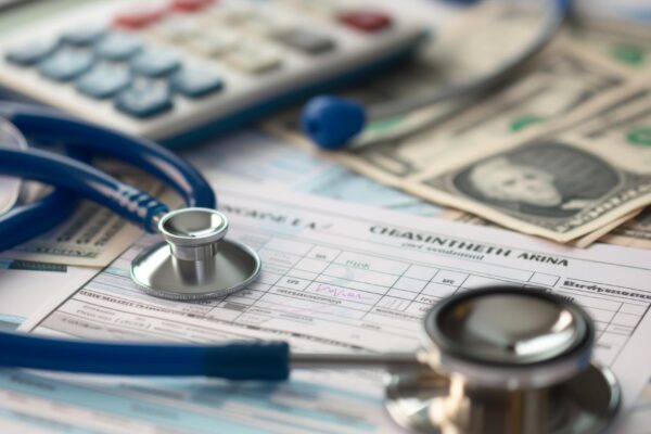 A closeup of medical expenses concept with a stethoscope calculator and US dollar bills on a medical billing statement depicting the financial aspect of healthcare