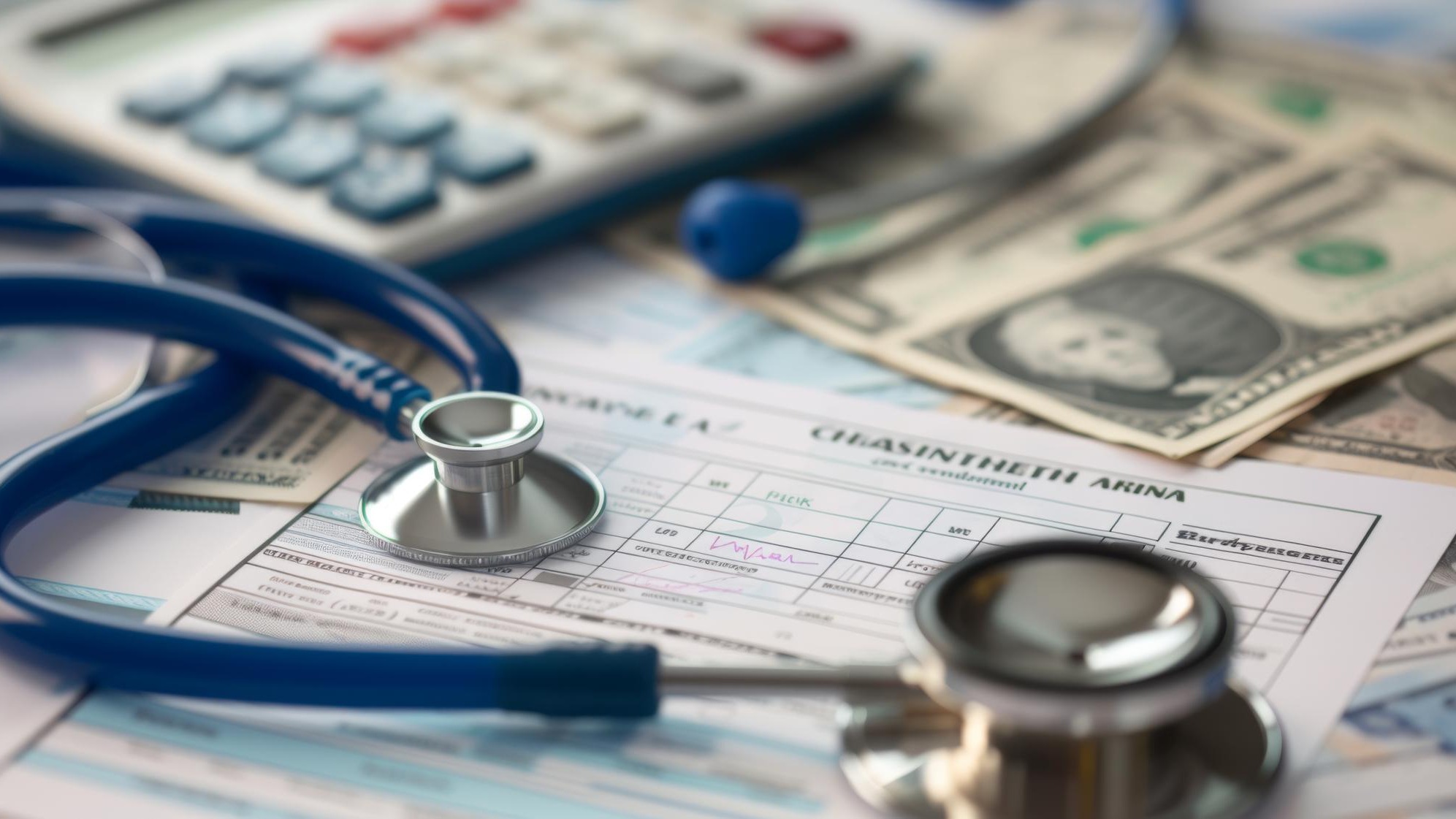 A closeup of medical expenses concept with a stethoscope calculator and US dollar bills on a medical billing statement depicting the financial aspect of healthcare