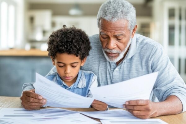 A young boy and his grandfather sit closely at a kitchen table focused on reading through important documents