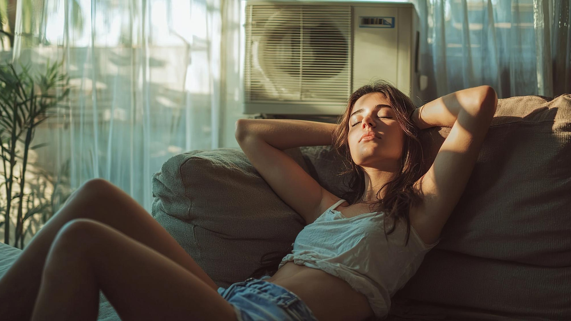 Young woman relaxing on a couch in a sunlit room with an air conditioner nearby