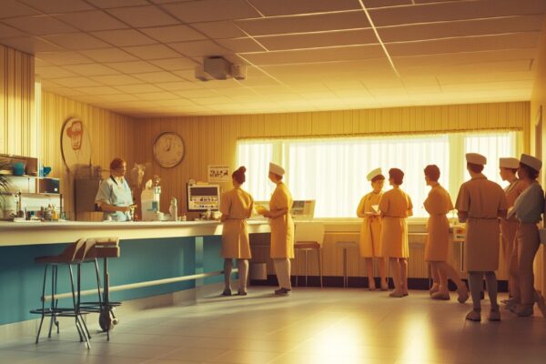 A group of nurses and doctors in a hospital break