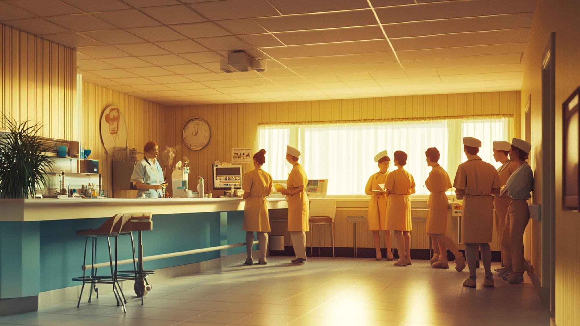 A group of nurses and doctors in a hospital break