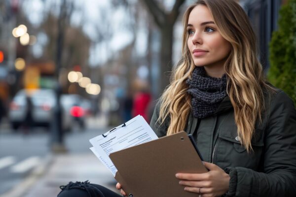 Thoughtful Young Woman Reviewing Documents on a City Bench