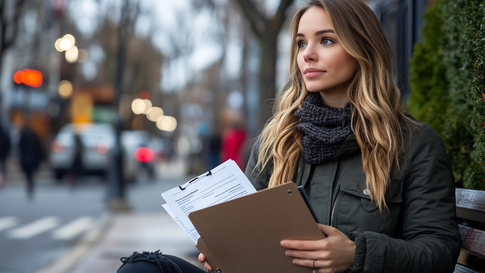 Thoughtful Young Woman Reviewing Documents on a City Bench