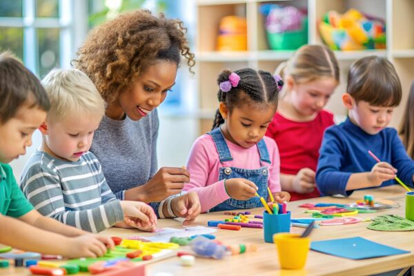 a woman and children play with a child with a colorful puzzle