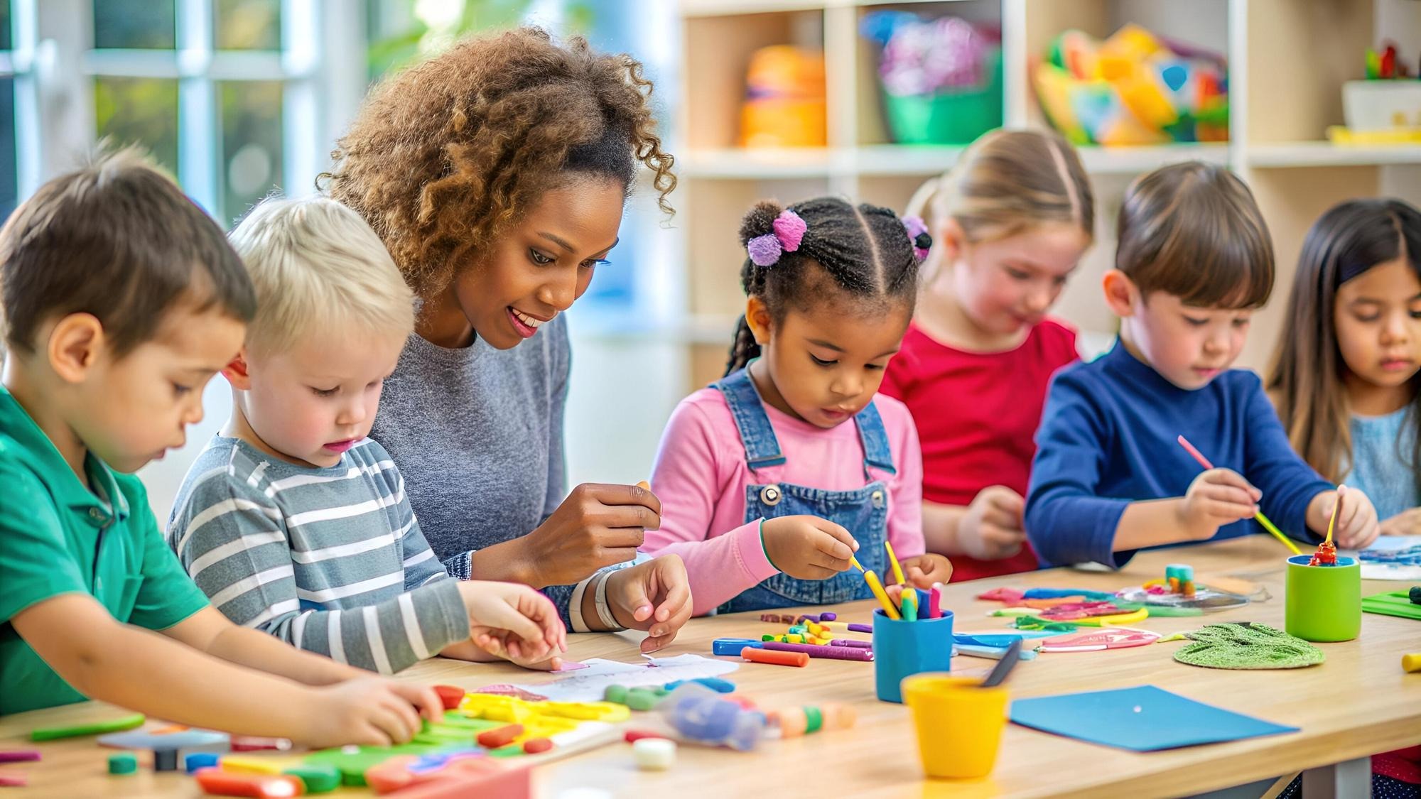 a woman and children play with a child with a colorful puzzle