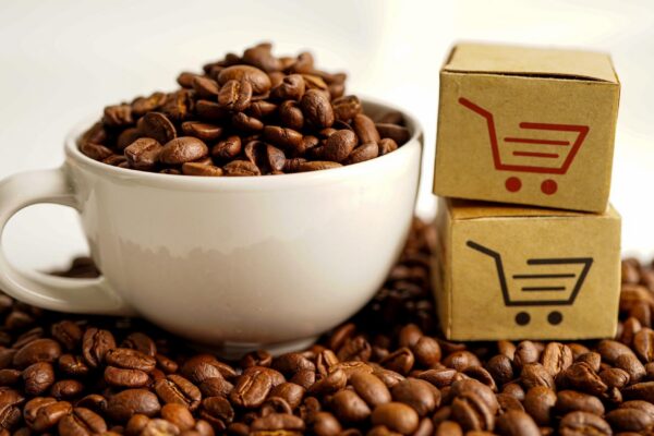 Shopping cart box on coffee beans shopping online for export or import