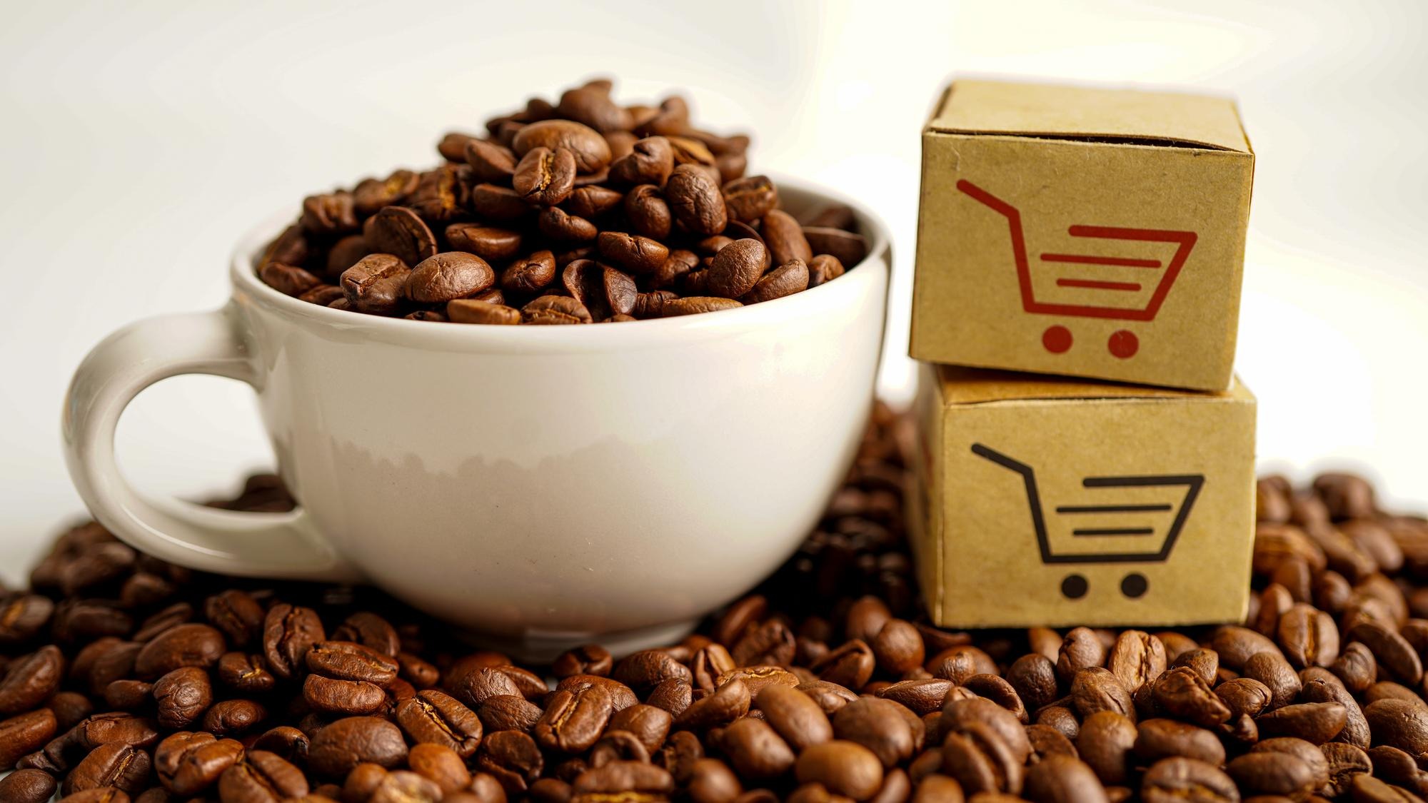 Shopping cart box on coffee beans shopping online for export or import