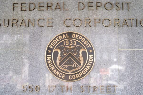 FDIC seal in front of the headquarters building by the White House.