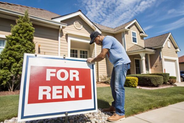 Installing Real Estate For Rent Sign Outside Home for Listing