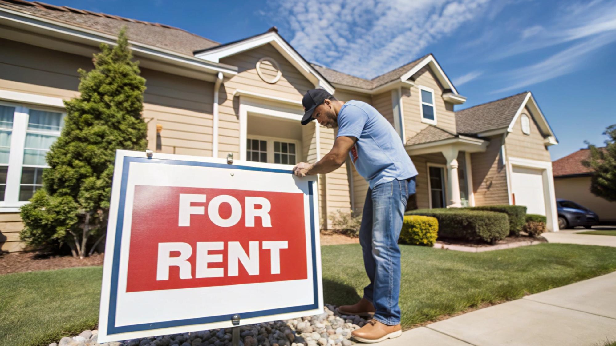 Installing Real Estate For Rent Sign Outside Home for Listing