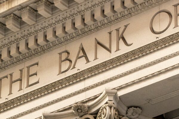 The bank of ornate classical columns and facade
